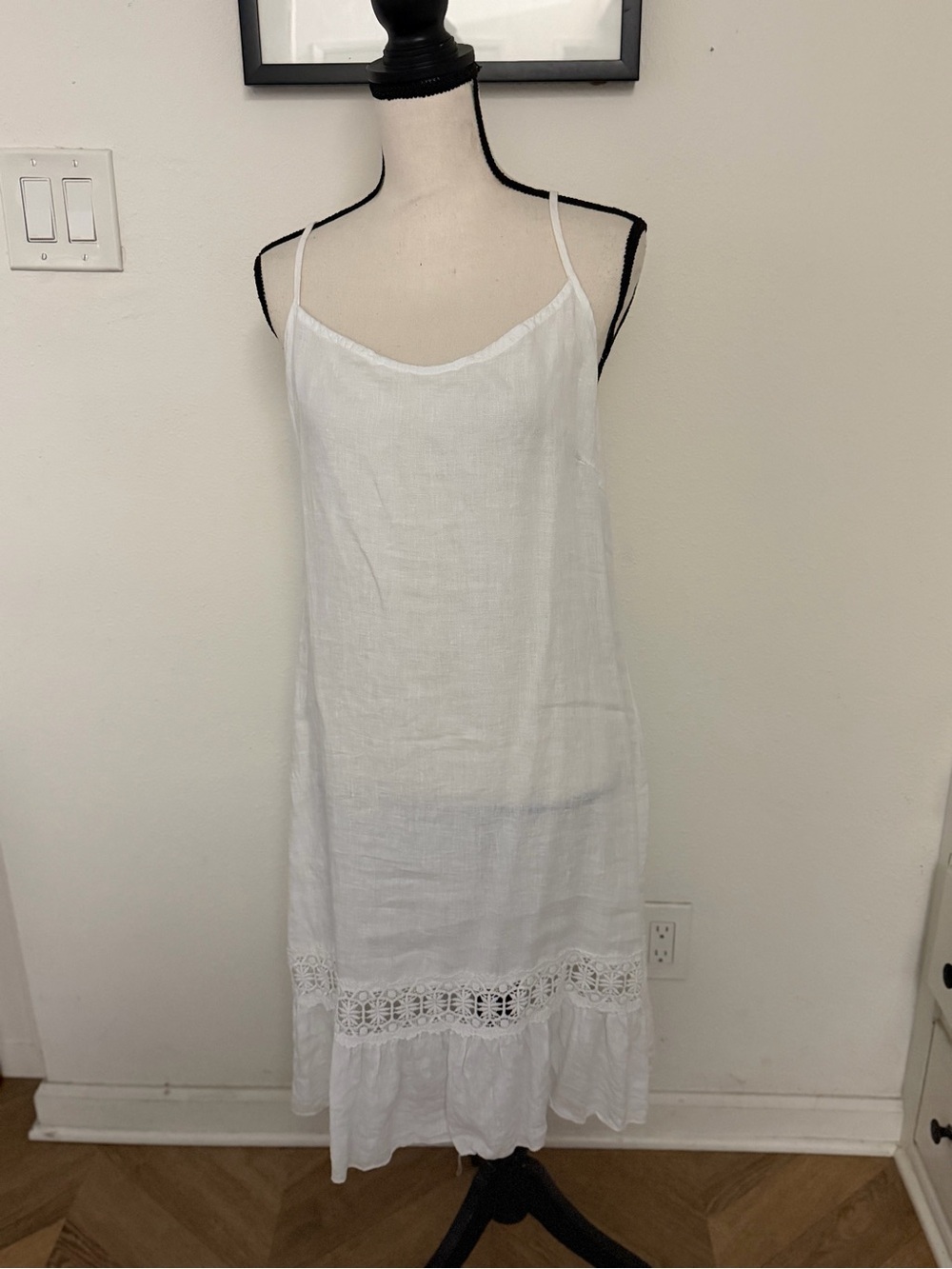 White 100% Linen spaghetti straps midi Dress with Crochet Trim
